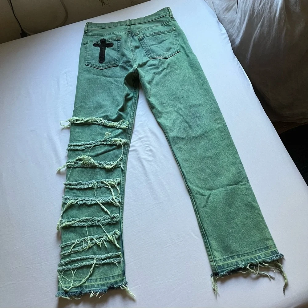 INTROVERT STUDIOS green denim‎ stone wash distressed slim straight jeans